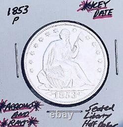 1853-p Flèches Et Rayons Date Clé! U.s. Seated Liberty Demi-dollar. E5