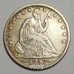 1853-p Flèches & Rayons Assis Liberty Demi Dollar Nice Vf #3c9