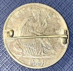 1858 50C DEMI-DOLLAR ASSIS ÉPINGLE BROCHE VF DÉTAILS JETON D'AMOUR GRAVÉ Pièce d'argent