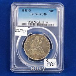 1858 O Seated Liberty 50 Cent, Pcgs Au50, Almost Uncirculated, Graded In Holder
