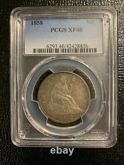 1858 P Seated Liberty Argent Demi-dollar 50c Pcgs Xf40 Ef40