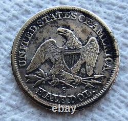 1858-S Demi-dollar en argent Seated Liberty Rare Date clé XF Détail Nettoyé Taches