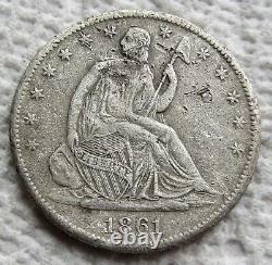1861-S Demi-dollar Liberté assise, date rare de la guerre civile, détails nets, endommagé.