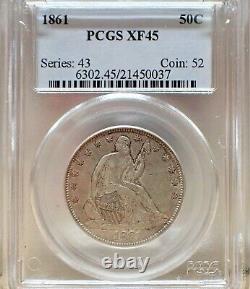 1861 Seated Liberty Demi-dollar Pcgs Xf45 90% Argent