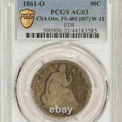 1861-o Csa Obv. 50c Pcgs Ag03 Gold Shield Liberty Seated Half Dollar Fs-401 W-11