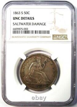 1863-S Demi-dollar à l'effigie de la Liberté assise 50C NGC Détail non circulé (MS UNC) Rare