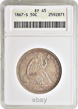 1867-S Demi-Dollar à l'effigie de la Liberté assise 50C Circulé XF45 Extra Fine XF ANACS EF45