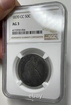 1870-cc Sièged Liberty Demi-dollar Rare Carson City Mintage! Ngc Ag3