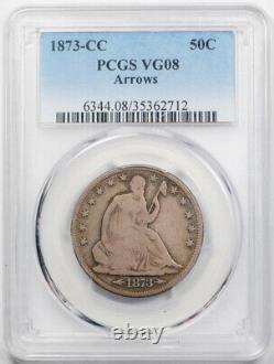 1873 CC 50c Seated Liberty Half Dollar Pcgs Vg 8 Very Good Carson City Mint