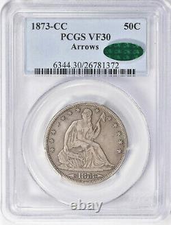 1873-cc 50c Flèches Assises Liberty Half Dollar Pcgs Vf30 Cac Nice Original Coin