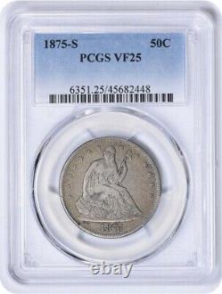 1875-S Liberty Seated Silver Half Dollar VF25 PCGS translates to 'Demi-dollar en argent Liberty Seated 1875-S VF25 PCGS' in French.