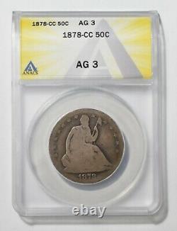 1878cc Argent Assis Demi-dollar 50¢ Coin Anacs Graded Ag3